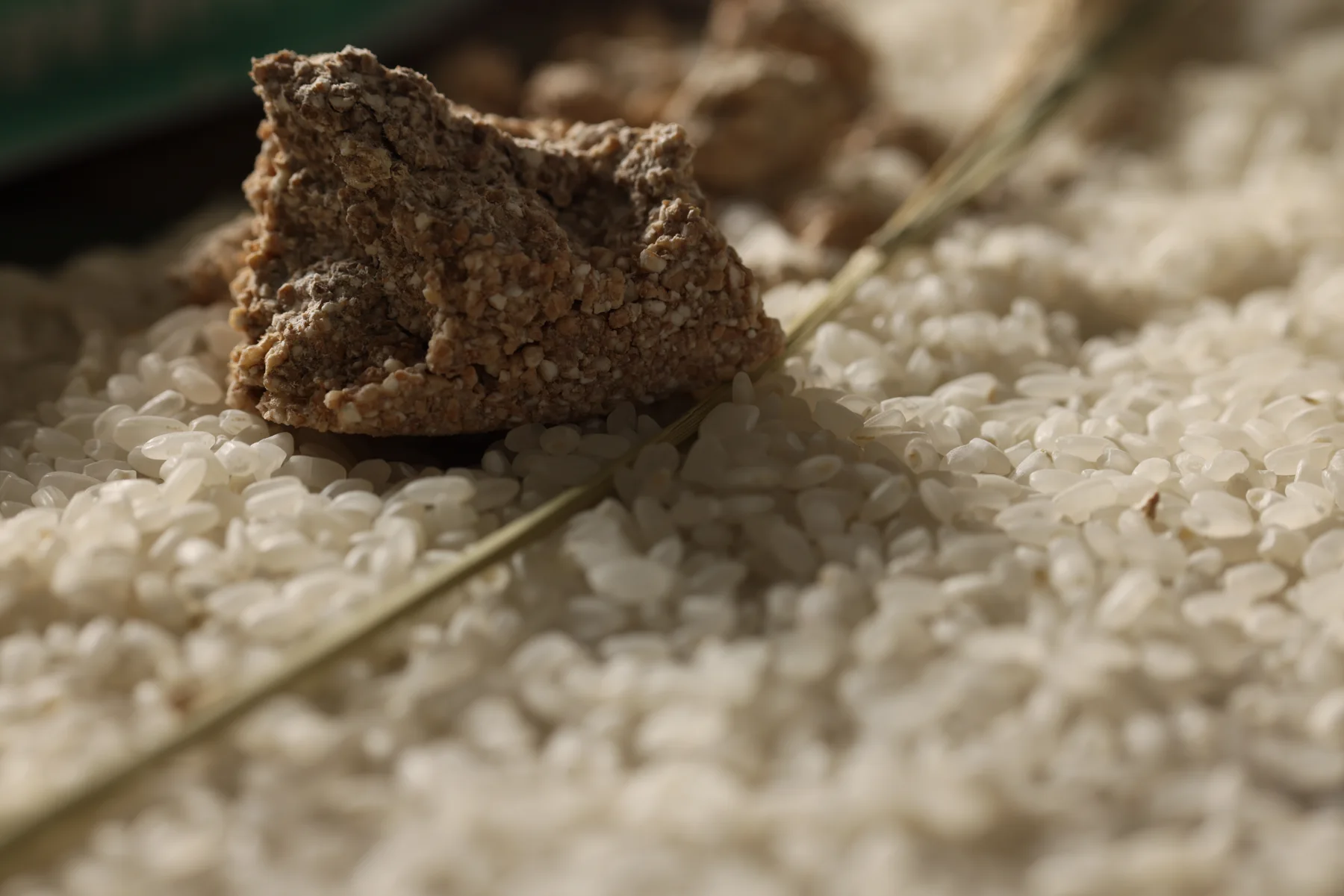 Close-up of nuruk pieces and Korean rice
